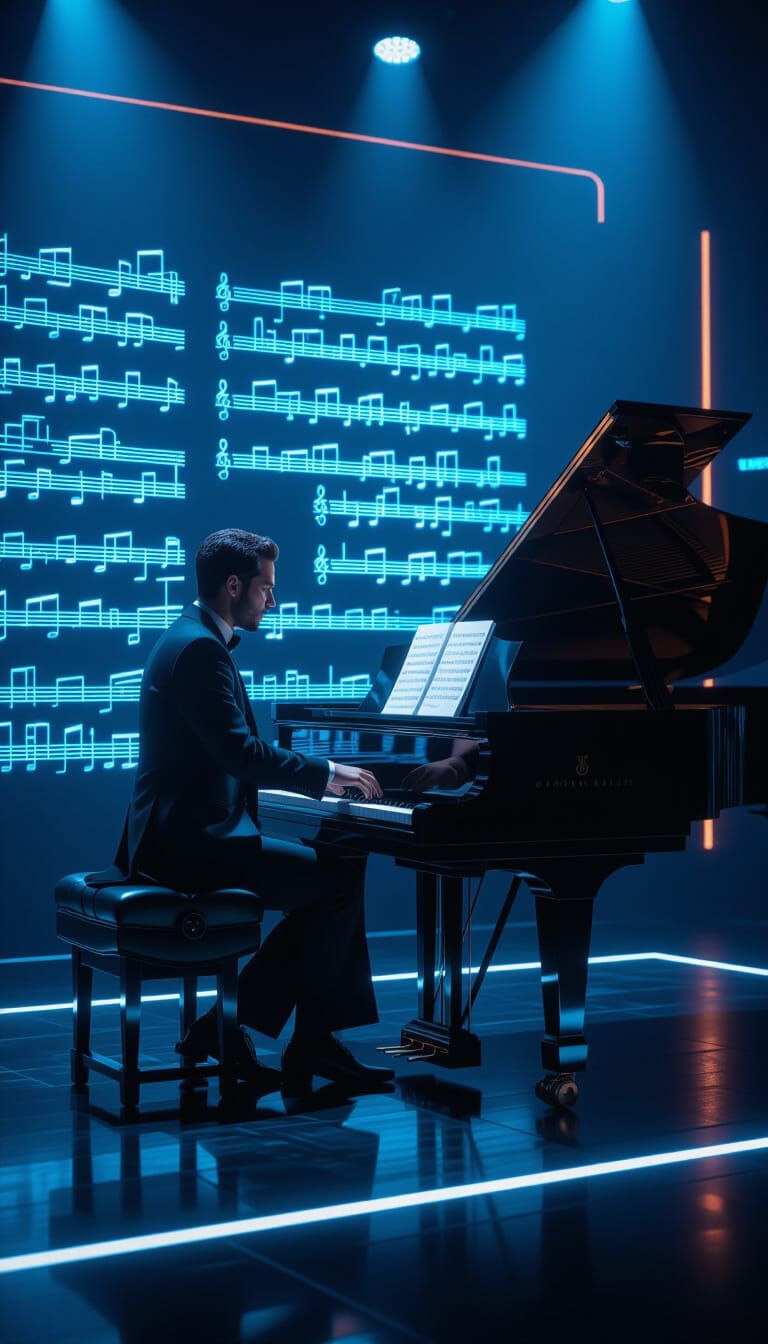 Music Master on Digital Stage with Holographic Sheets