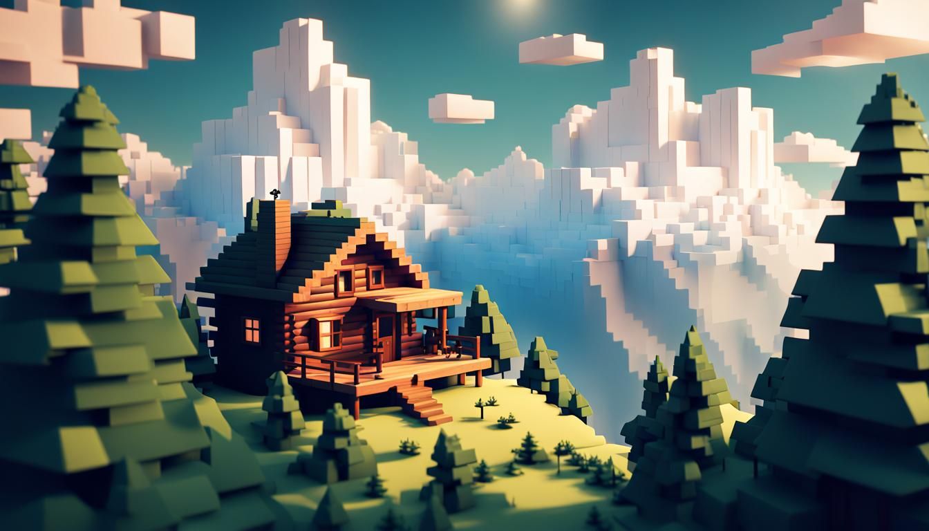 Cozy Mountain Cabin in Voxel Art Style