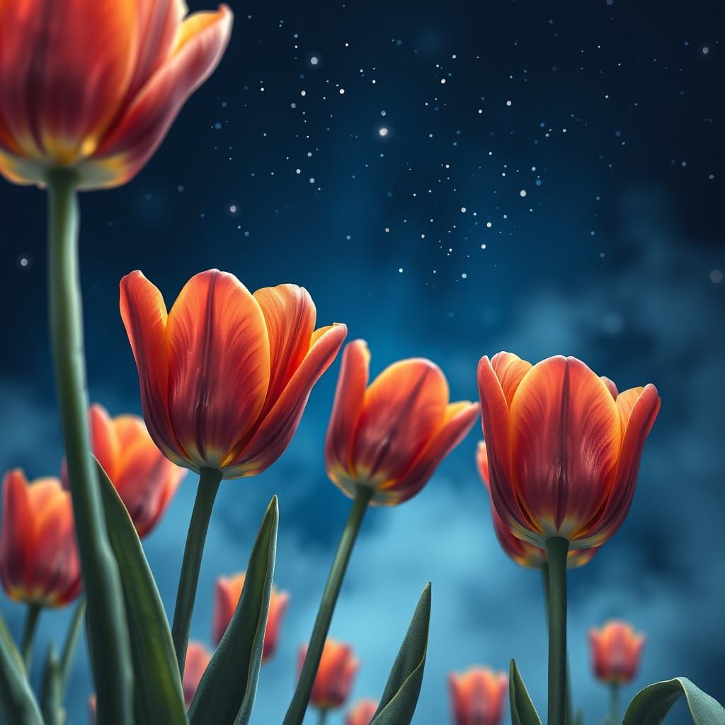 Tulips in Celestial Fog, in Photorealistic Oil Painting Styl...
