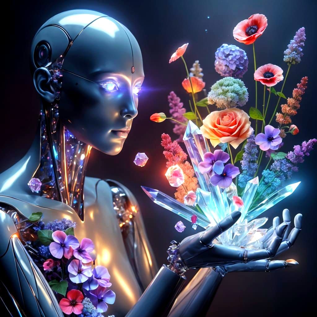 Android Creates Ikebana with Crystals and Flowers