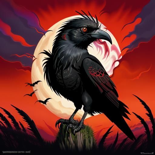 Crow Profile with Red Moon, Surrealist Style