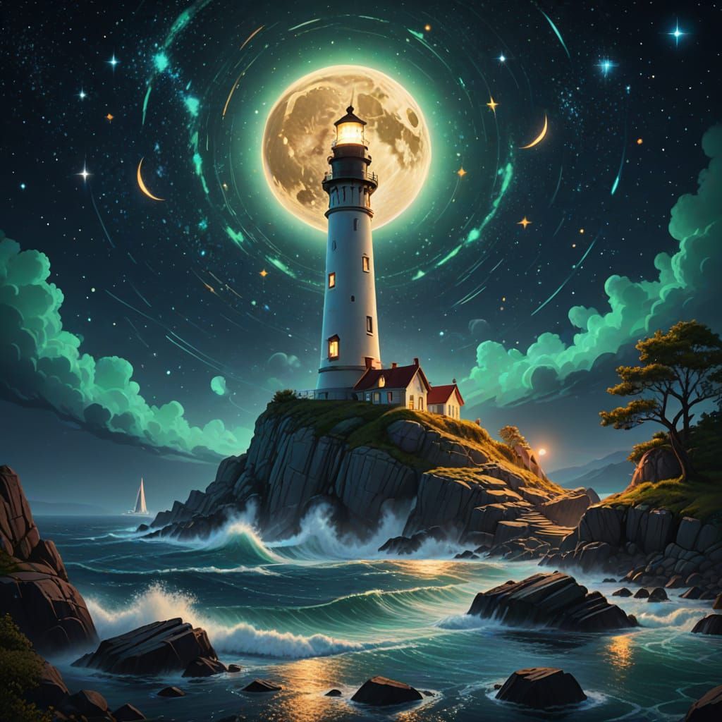 Lighthouse Under Zodiac Constellations: Fantasy Concept Art