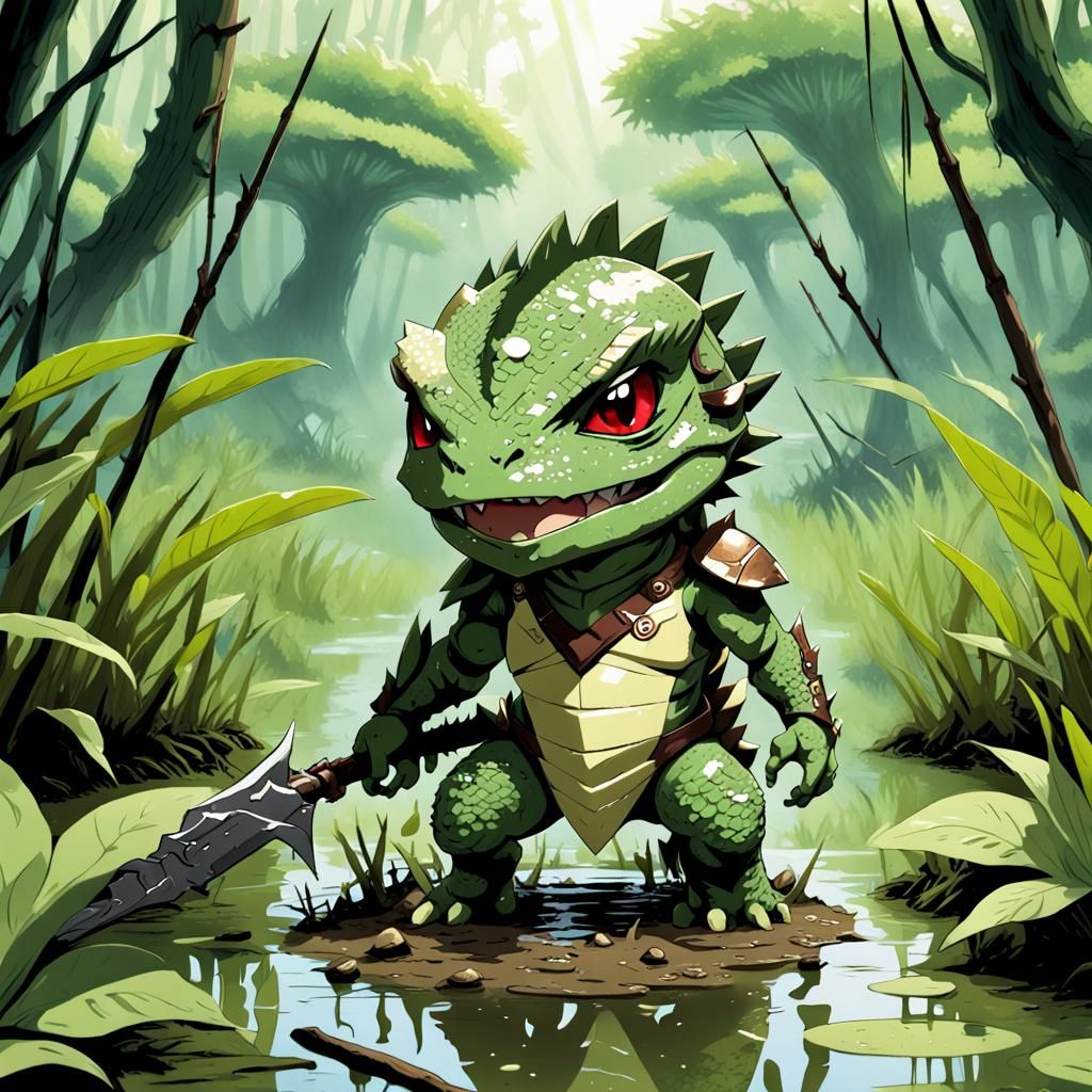 Chibi Lizardman Warrior in Anime Style