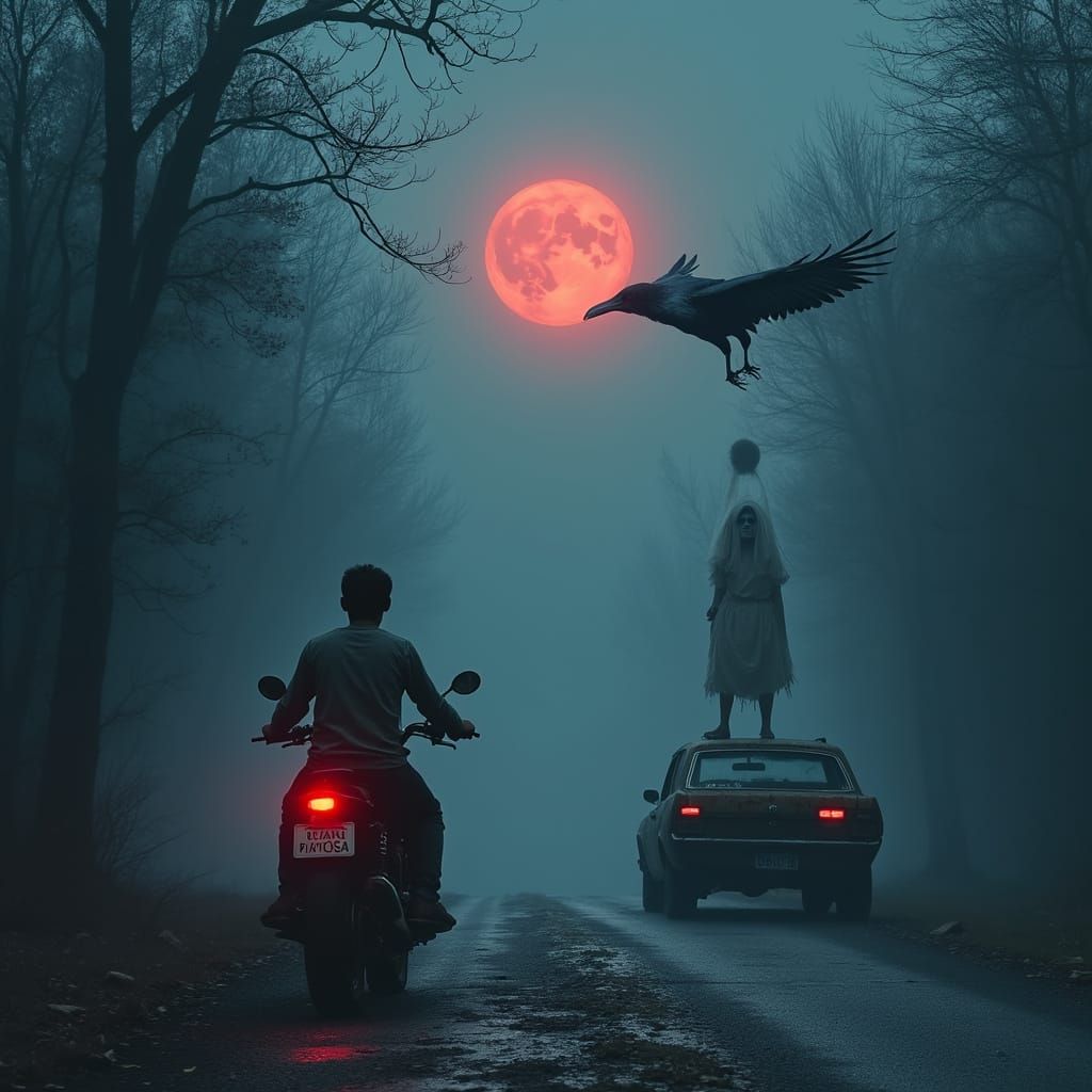 Cursed Road at Midnight: Cinematic Horror Scene