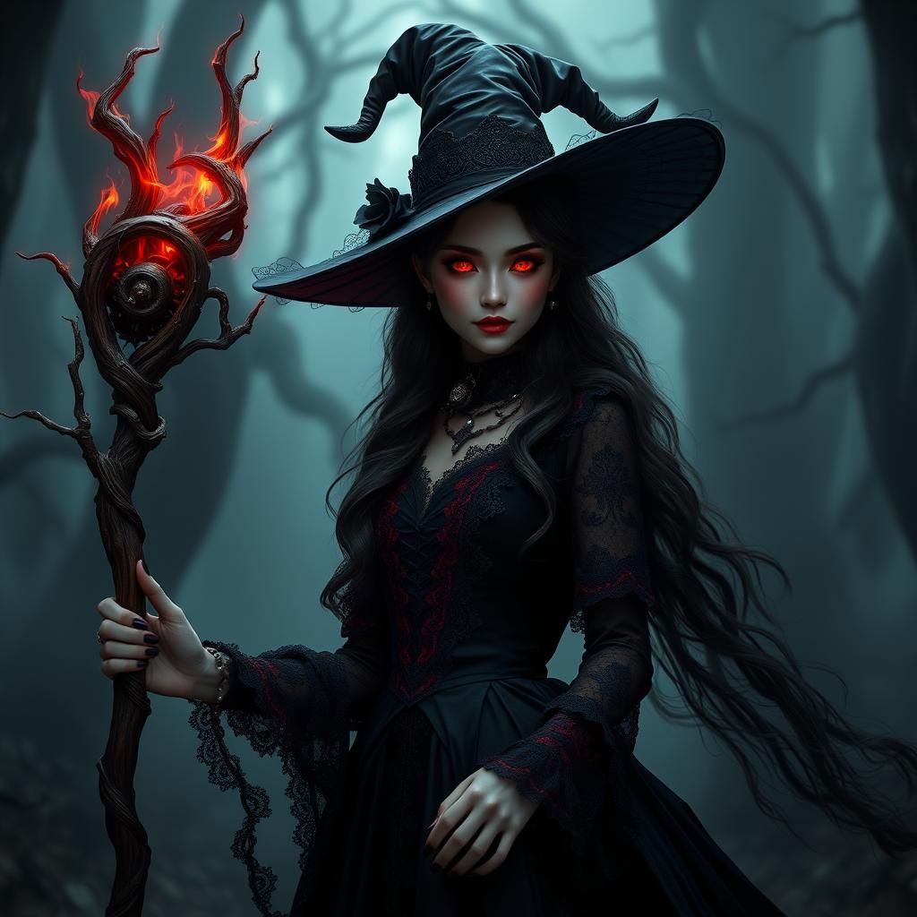 Mystical Gothic Witch in Crimson Gown, Digital Art
