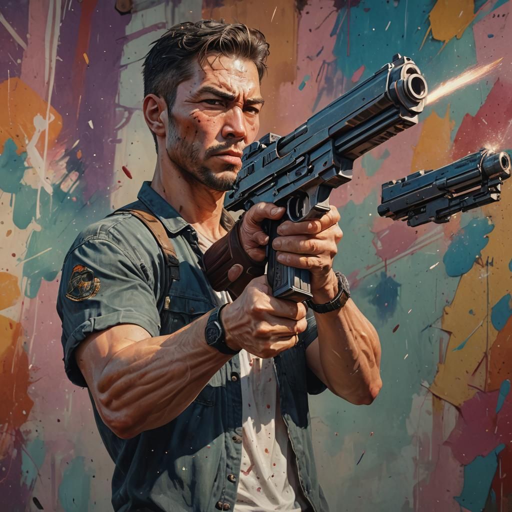 Hyperrealistic Person Holding Oversized Firearm