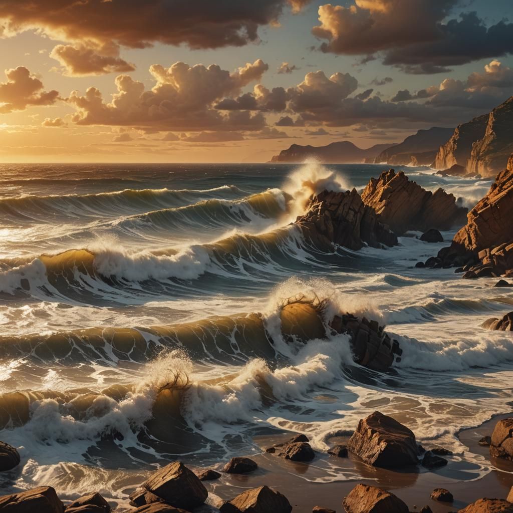 Sunset Waves Crashing on Golden Rocks: Digital Painting