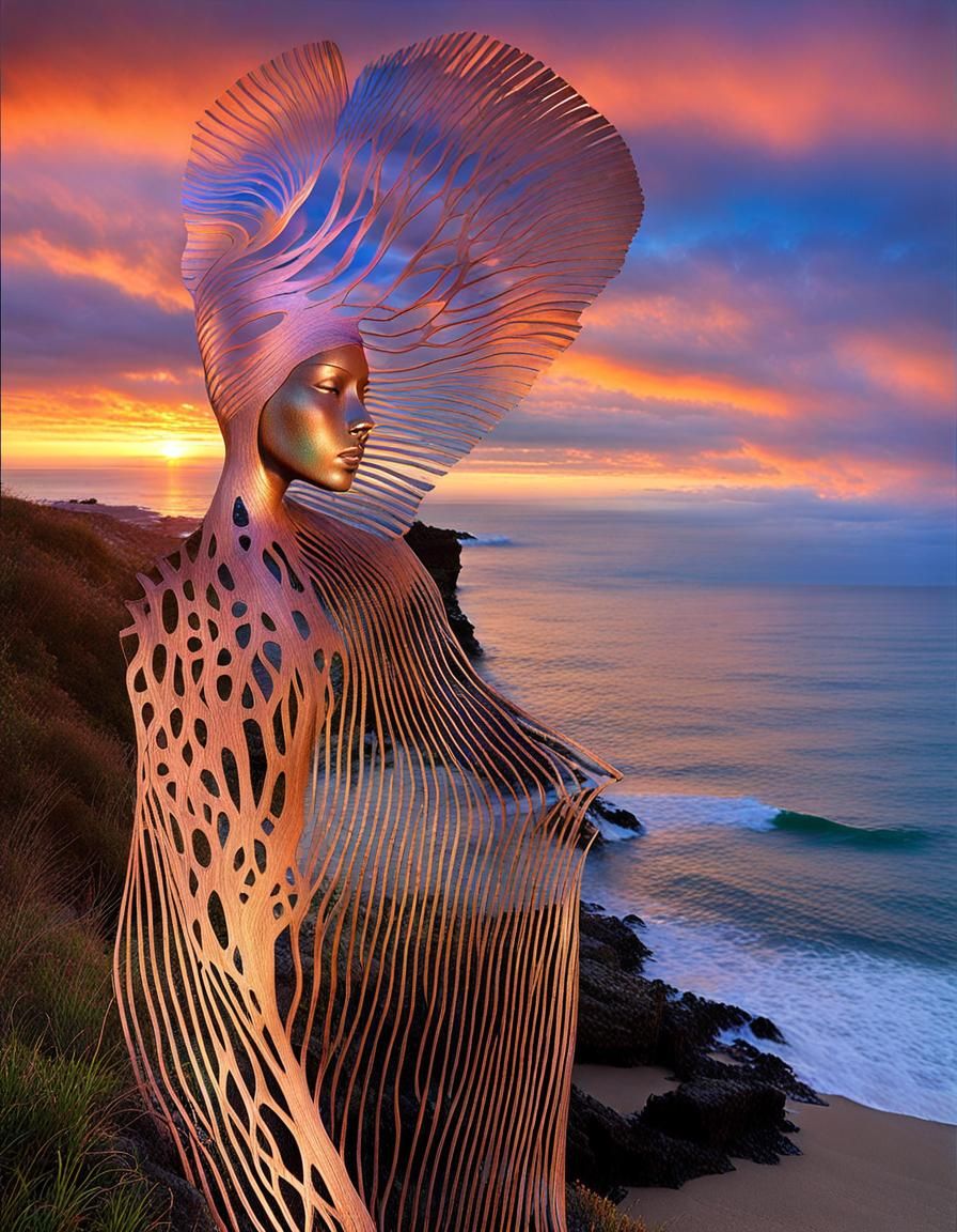 Iridescent Wood Sculptures at Sunset, Organic Aesthetic