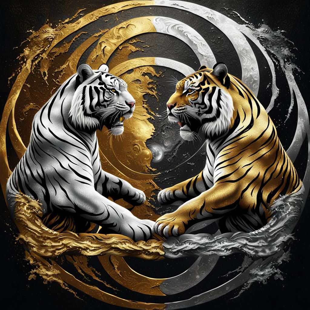 Two Tigers Stand Back to Back Inside a Vibrant Yin Yang Symb...