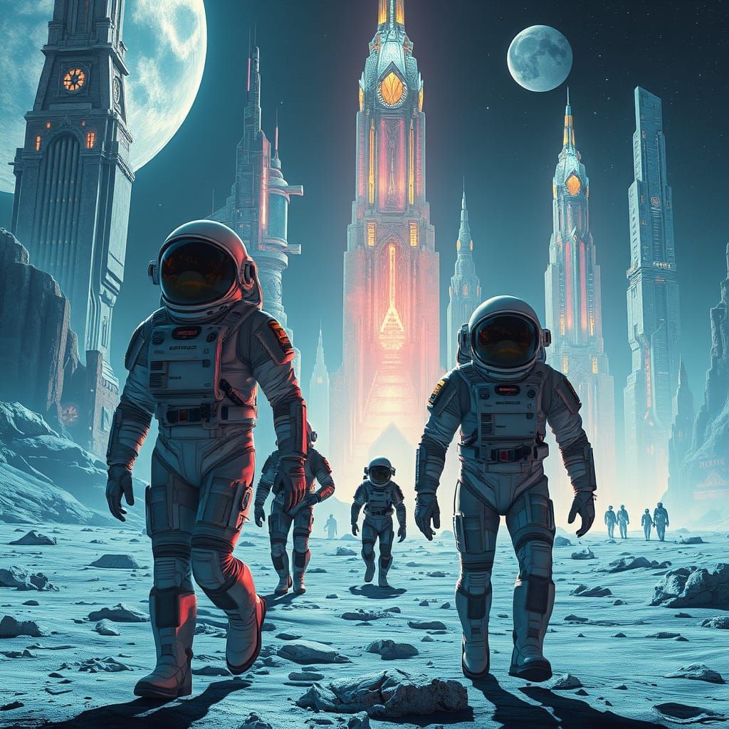 Lunar Cityscape: Astronauts Explore Crystalline Skyscrapers