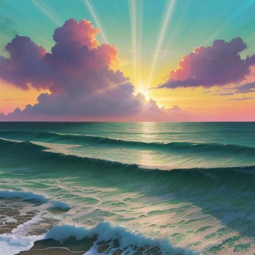 Vibrant Sunset Over Ocean in Gouache Painting Style