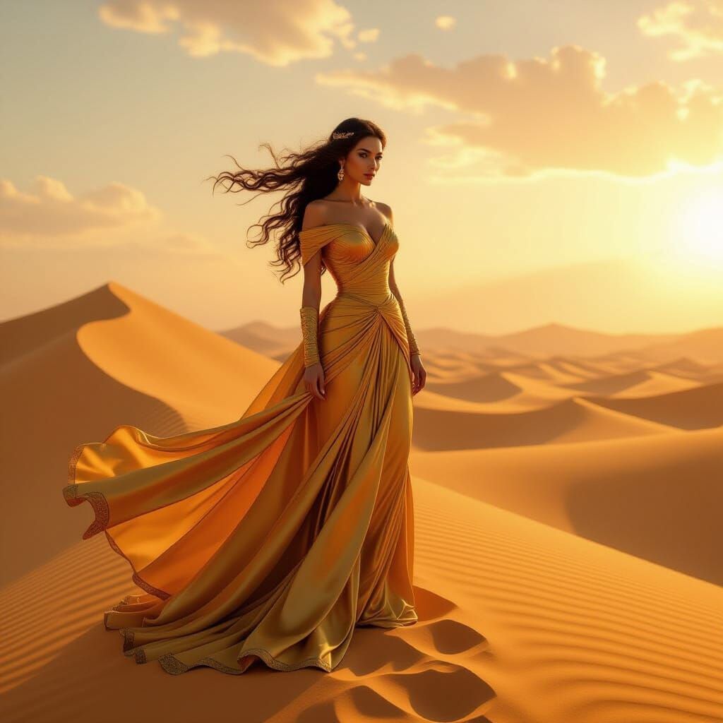 Desert Queen on Dunes in Cinematic Sunlight