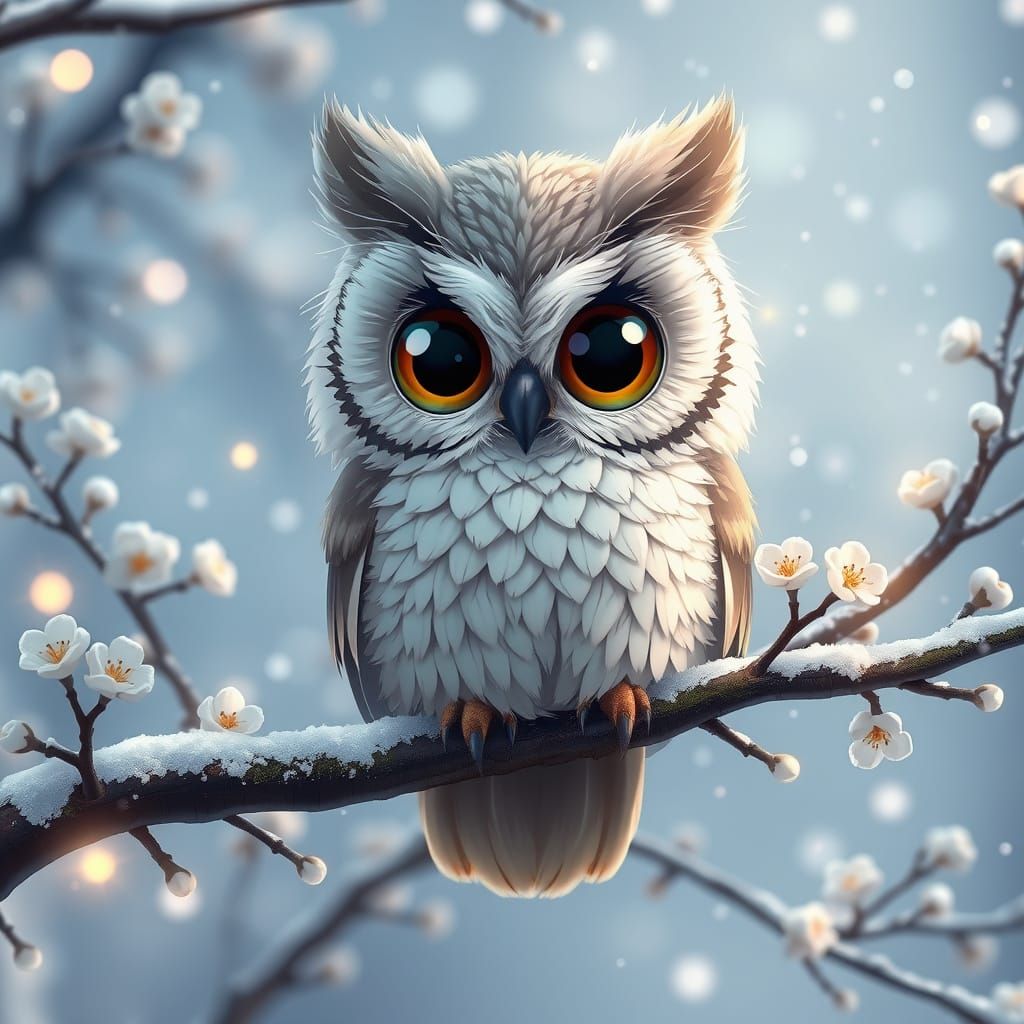 An ultra-cute, hyper-chibi-style owl with an oversized head ...