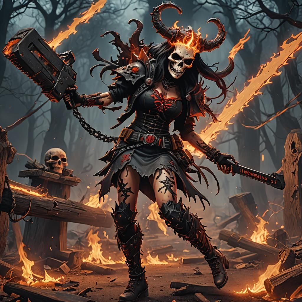 Burning Diablo Skull Ghost Girl Dancing with Chainsaw