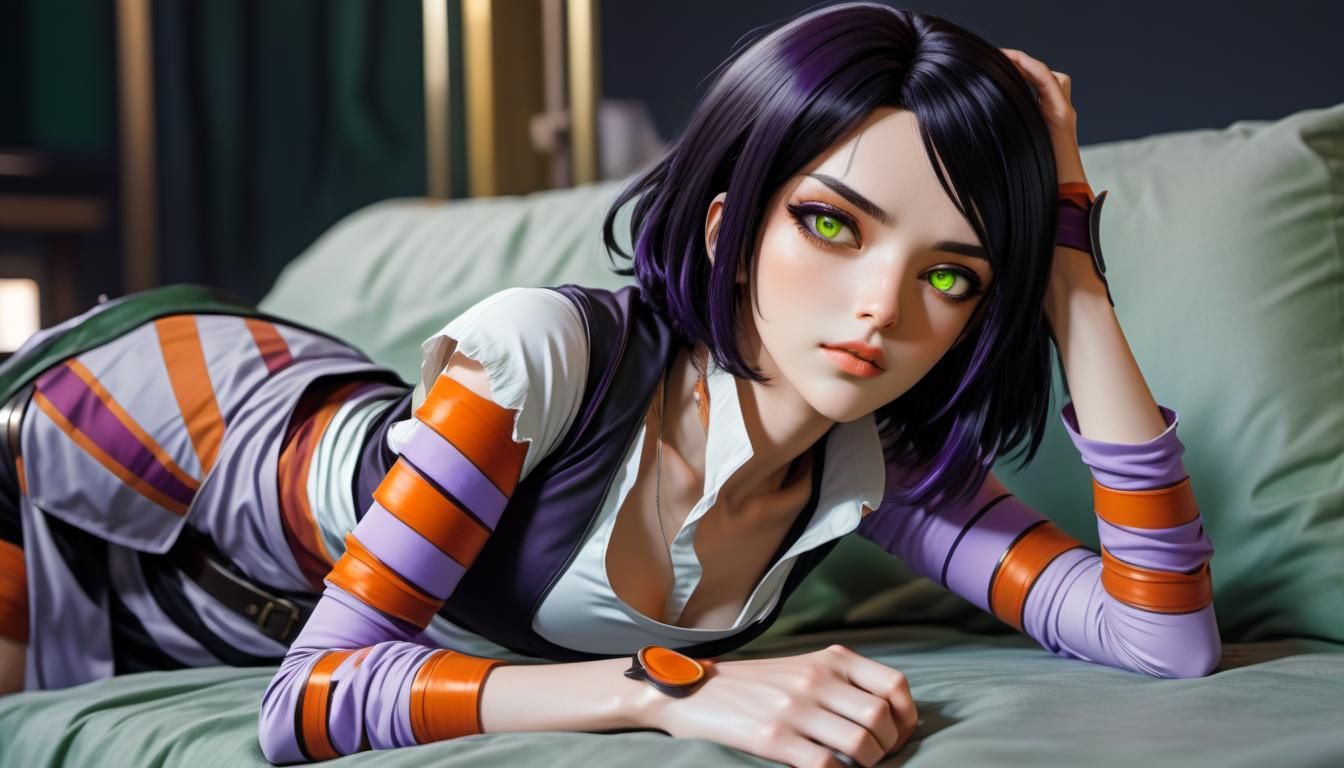 Anime Hunter with Black Bob and Green Eyes