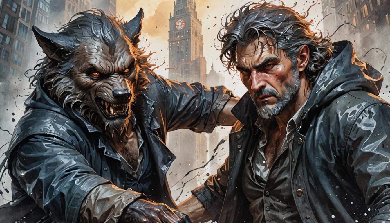 Wizard vs Werewolf: Wet Wash Watercolor Illustration