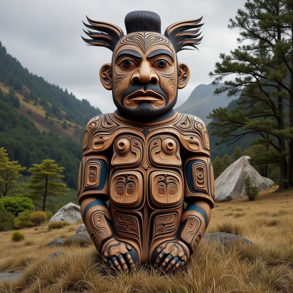 Intricately Carved Maori Statue in New Zealand Landscape