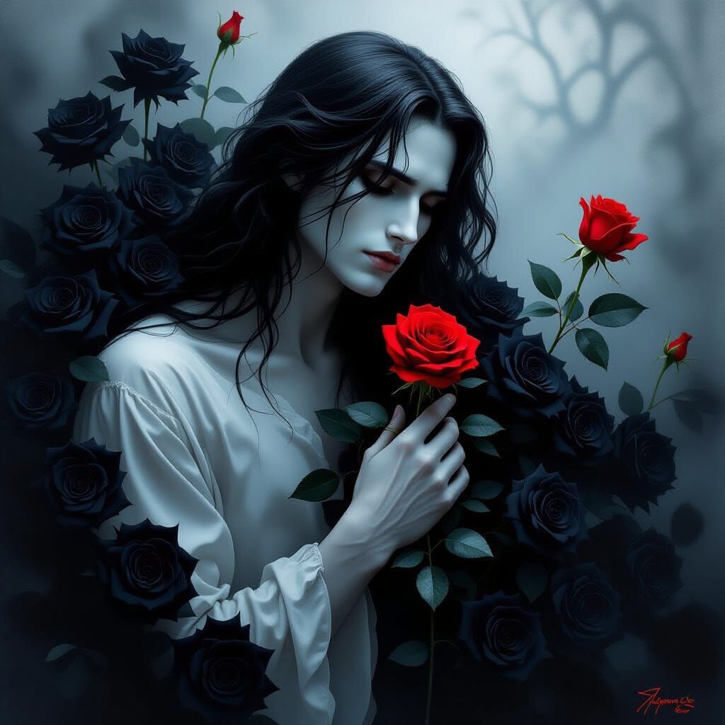 Melancholic Spirit with Black Roses and Red Rose Waiting for...