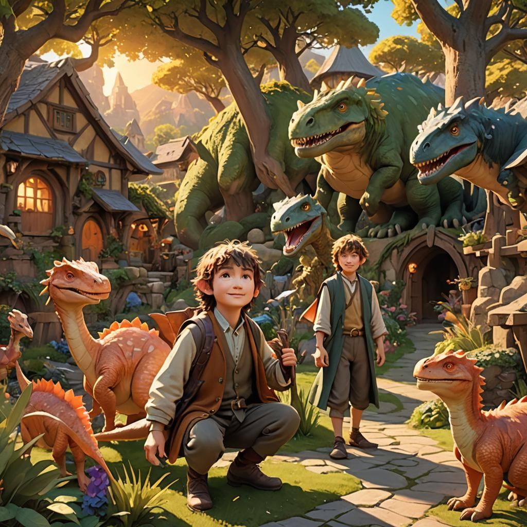 Hobbit and Dinosaur Friends: Whimsical 3D Anime Art