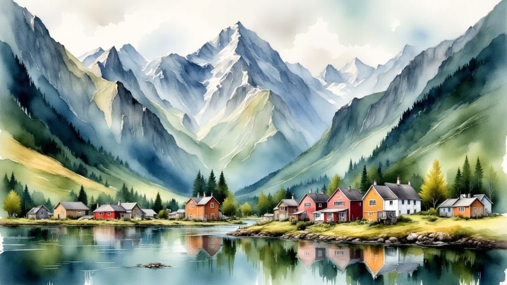Scandinavian Village in Expressive Watercolor Style