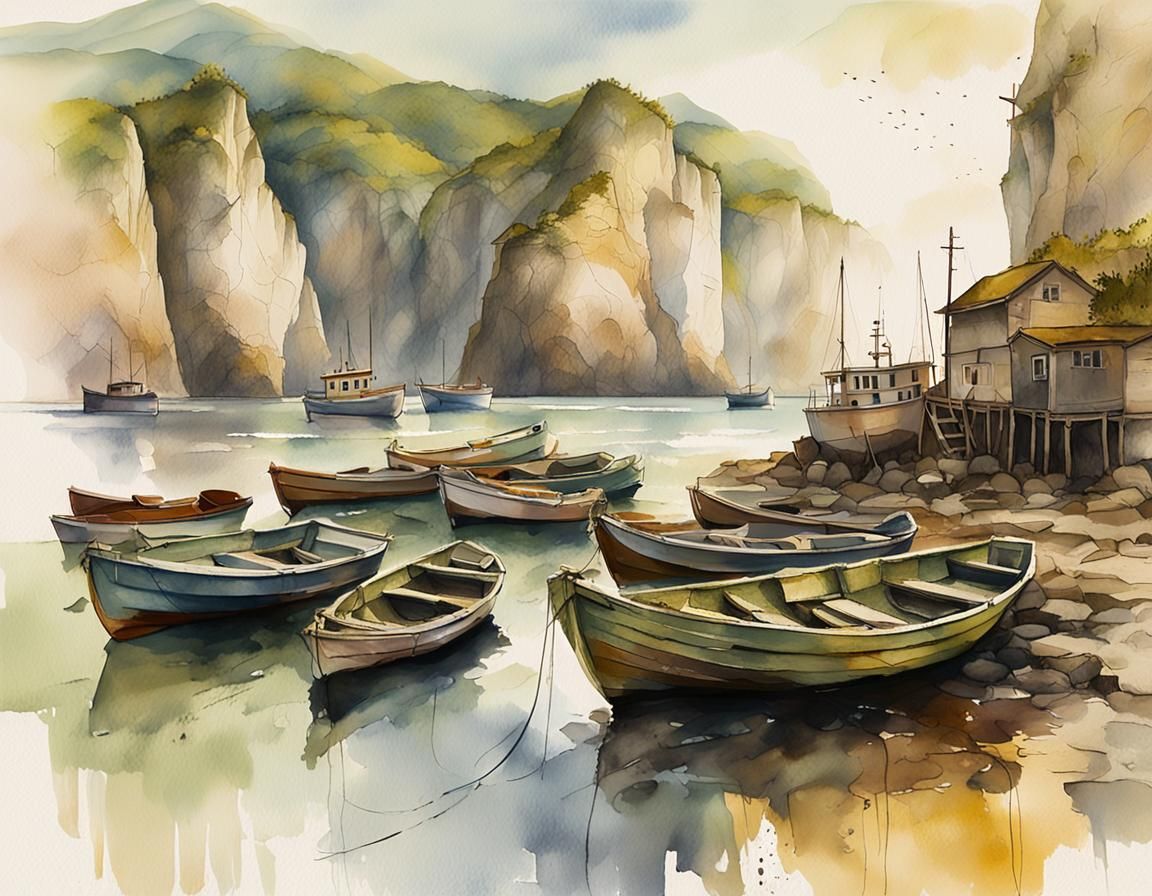 Impressionist Fishing Village at Cliffs in Soft Light