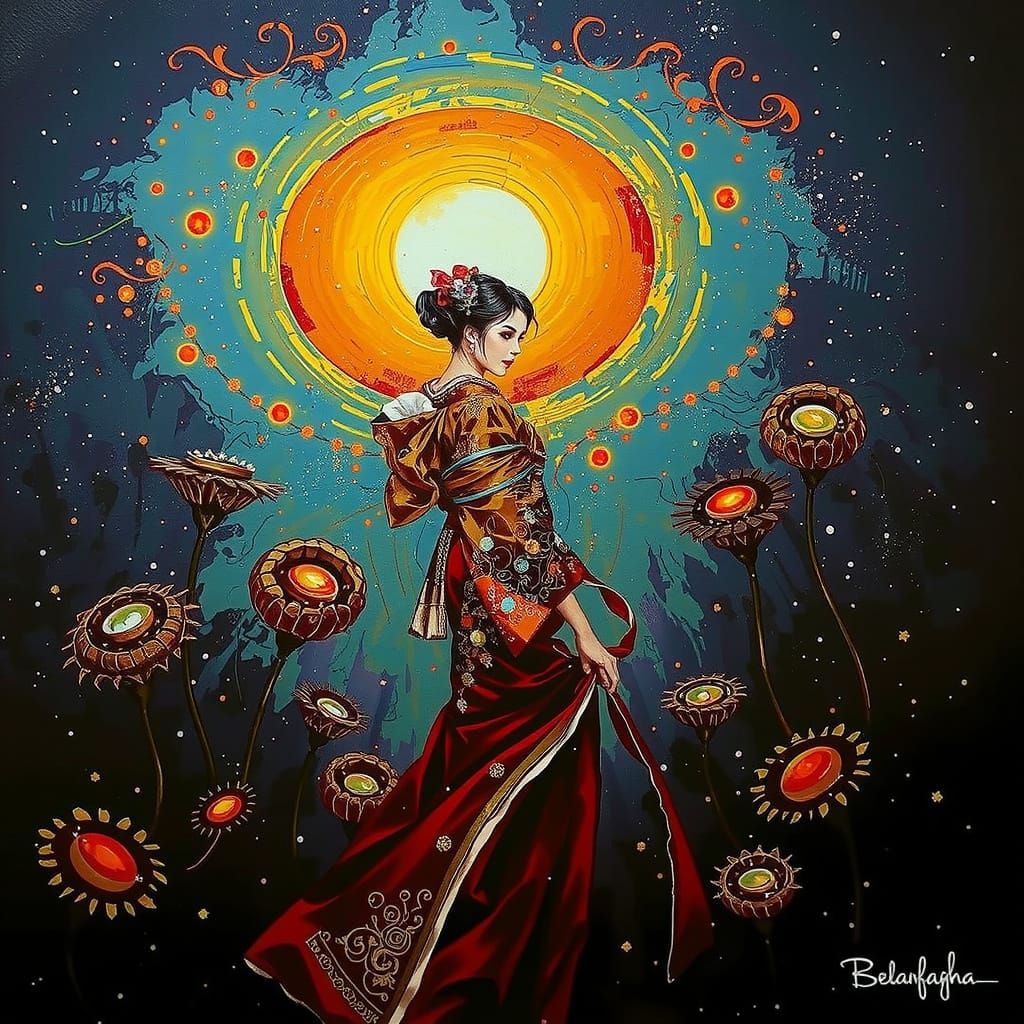 Elegant Geisha in Crimson Kimono Amidst Luminous Botanicals