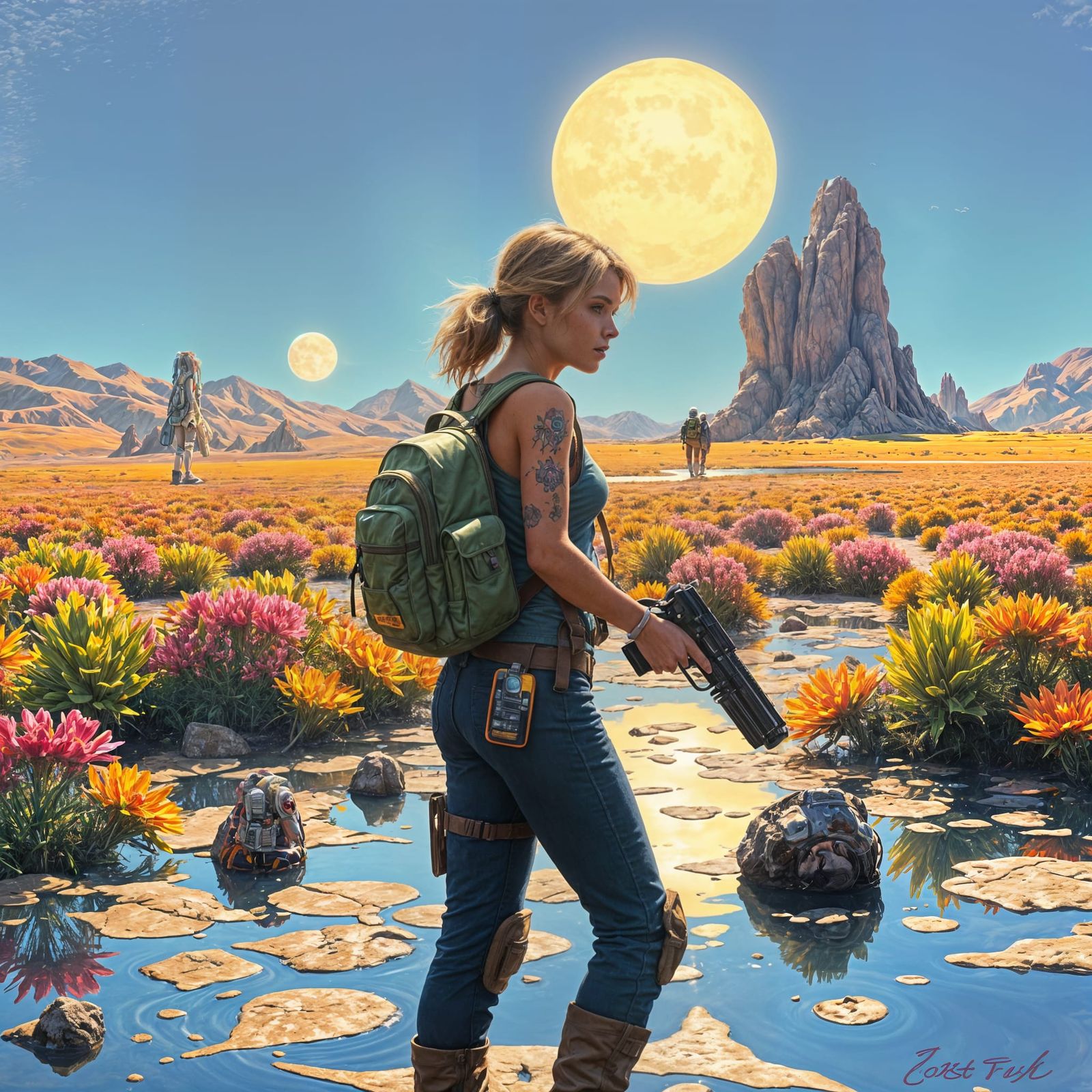 Glowing Double Suns Sci-Fi Adventure Scene