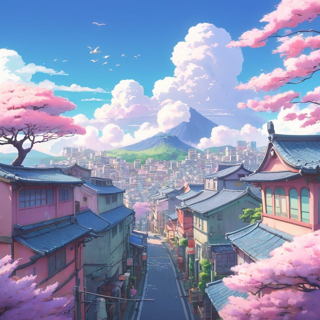 Ghibli Style Floating City on Pink Cloud