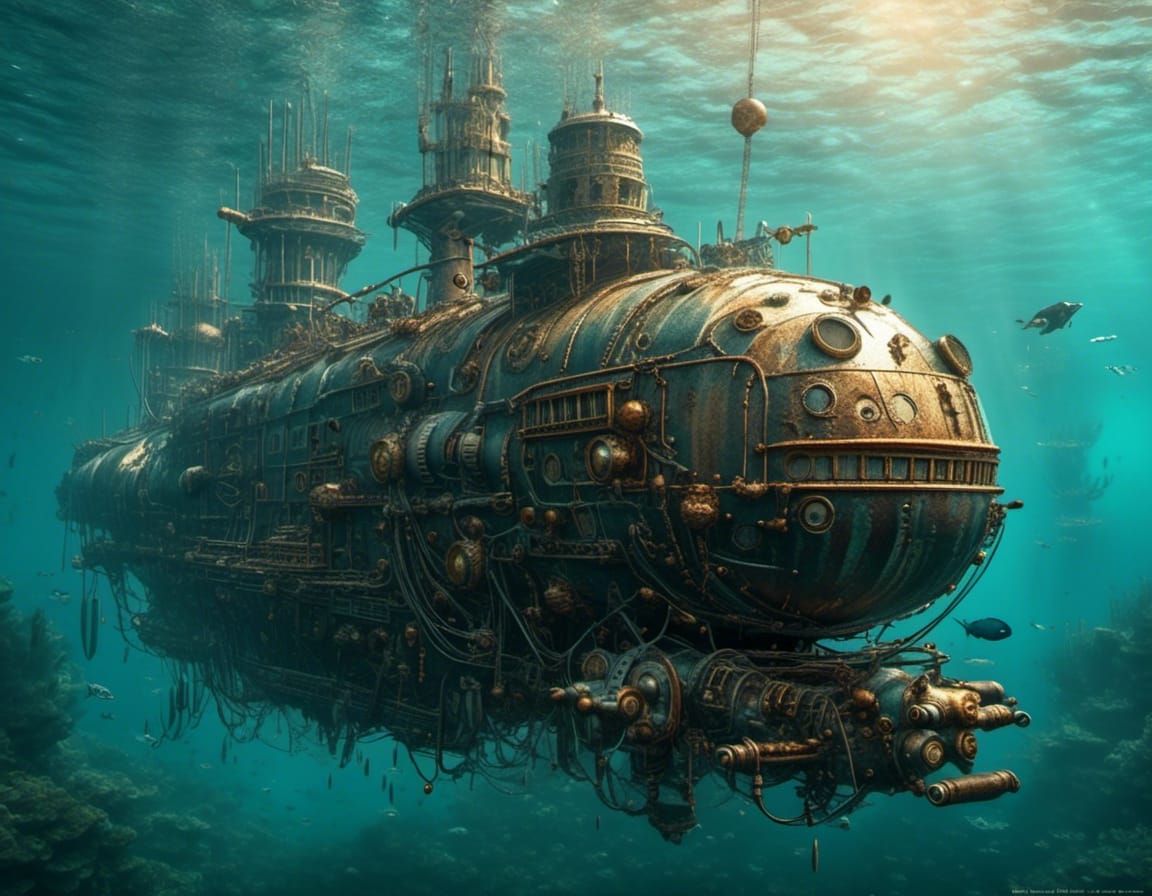 Steampunk U-Boat Cruising Underwater: Digital Art