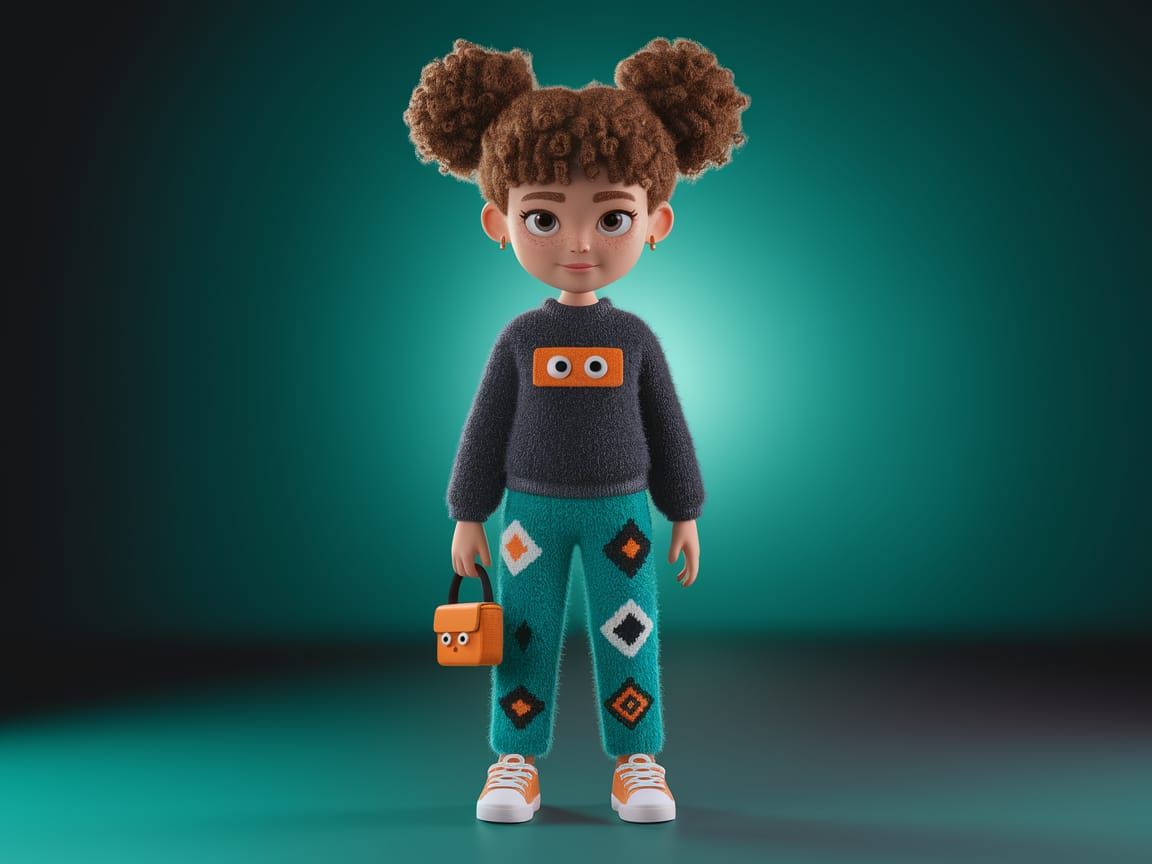 3D Cartoon Girl with Pigtails in Pixar Style