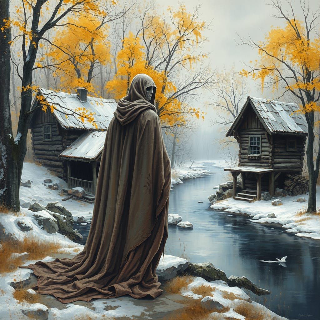 Spectral Spirit at Haunted Cabin in Gouache Style