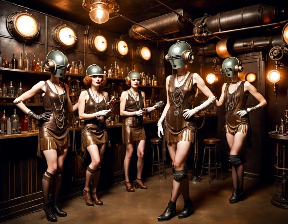1920s Flapper Robots in Speakeasy, Steampunk Fusion