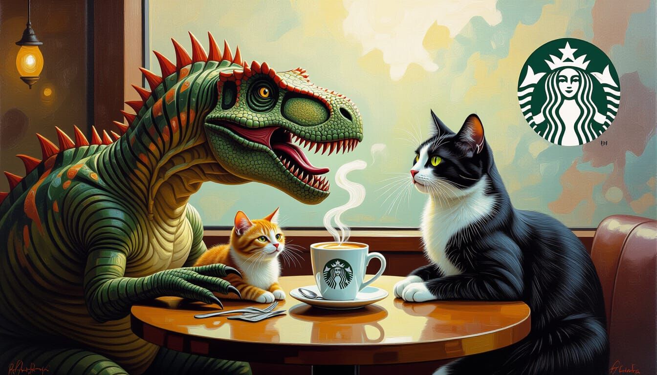 Dinosaur Eats Cat at Starbucks: Surreal Mixed Media Art