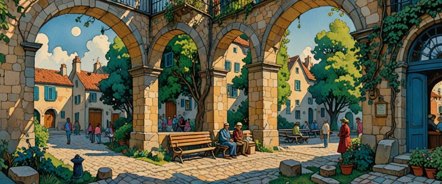 Bucolic Arts Colony Market in Comic Book Style