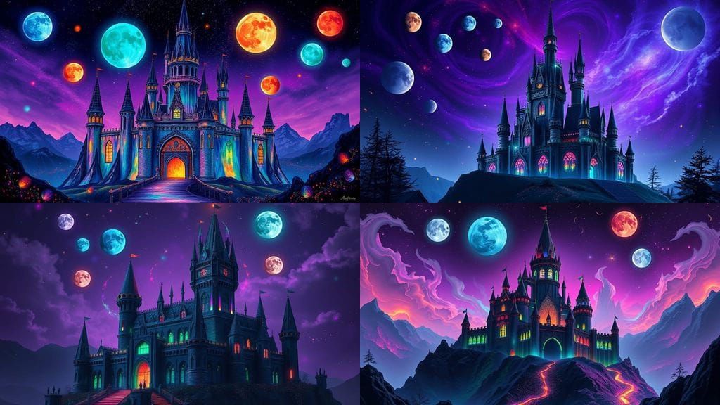 Black Opal Castle with Rainbow Fire and Five Moons