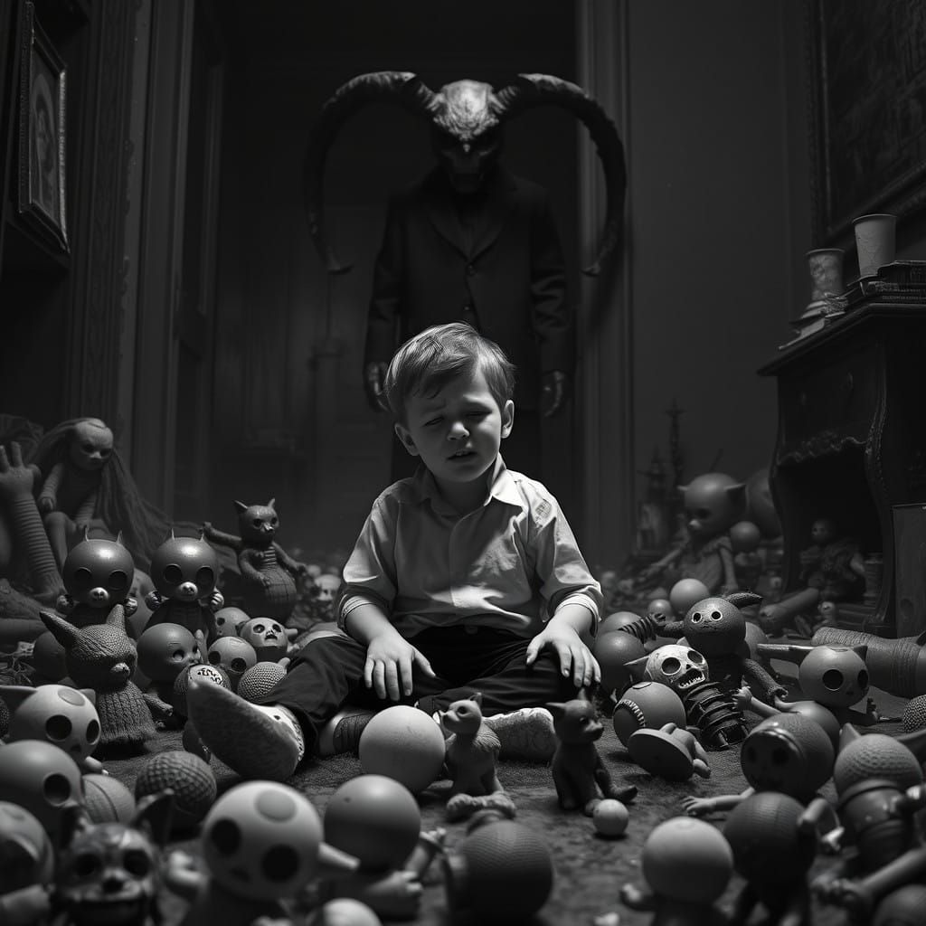 A Dark Figure Beckons a Crying Boy in a Haunting Black and W...