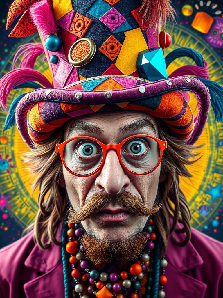 Funny Man with Crazy Hat in Solarpunk Style