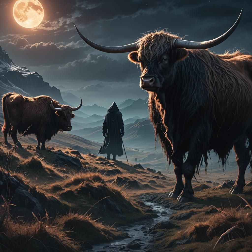 Cosmic Highland Cow Reaped by the Reaper in a Moonlit Dreams...