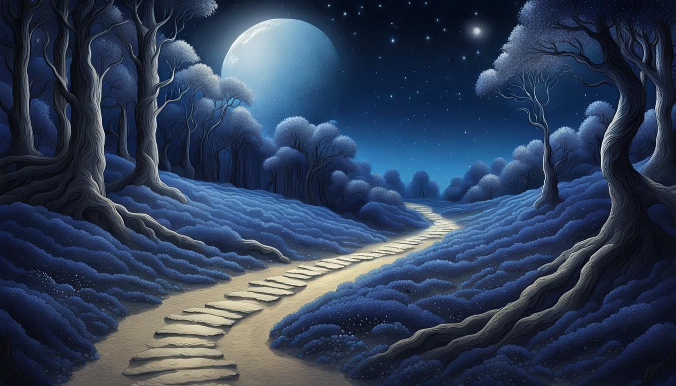 Mystical Forest Path Under Crystal Night Sky