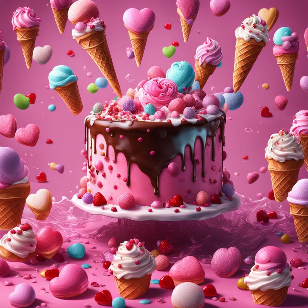 Sweet Heart Ice Cream Cake in Candy Art Style