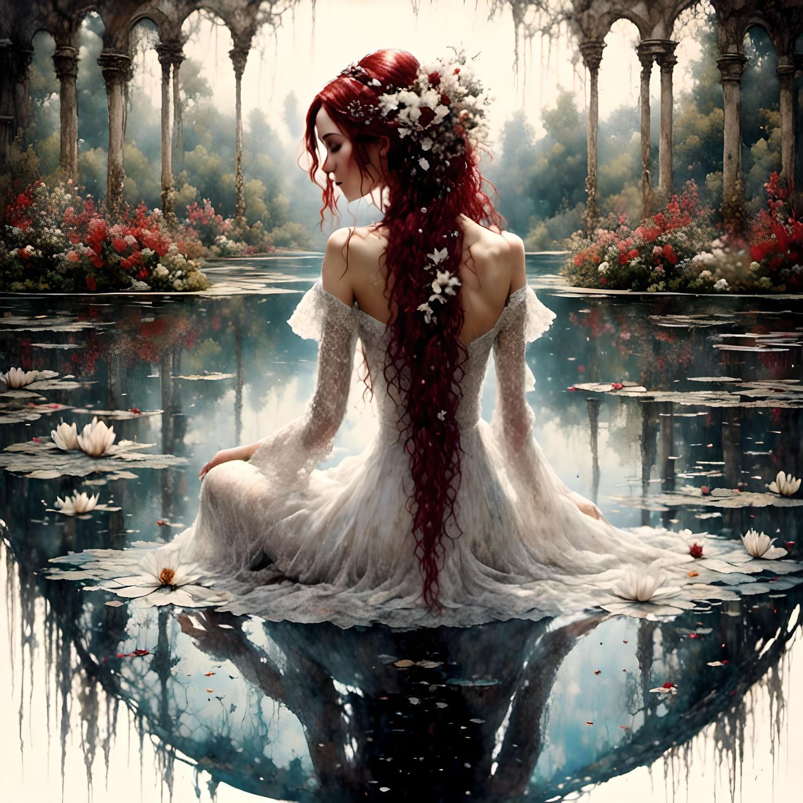 Woman in Ring Above Pond Reflection