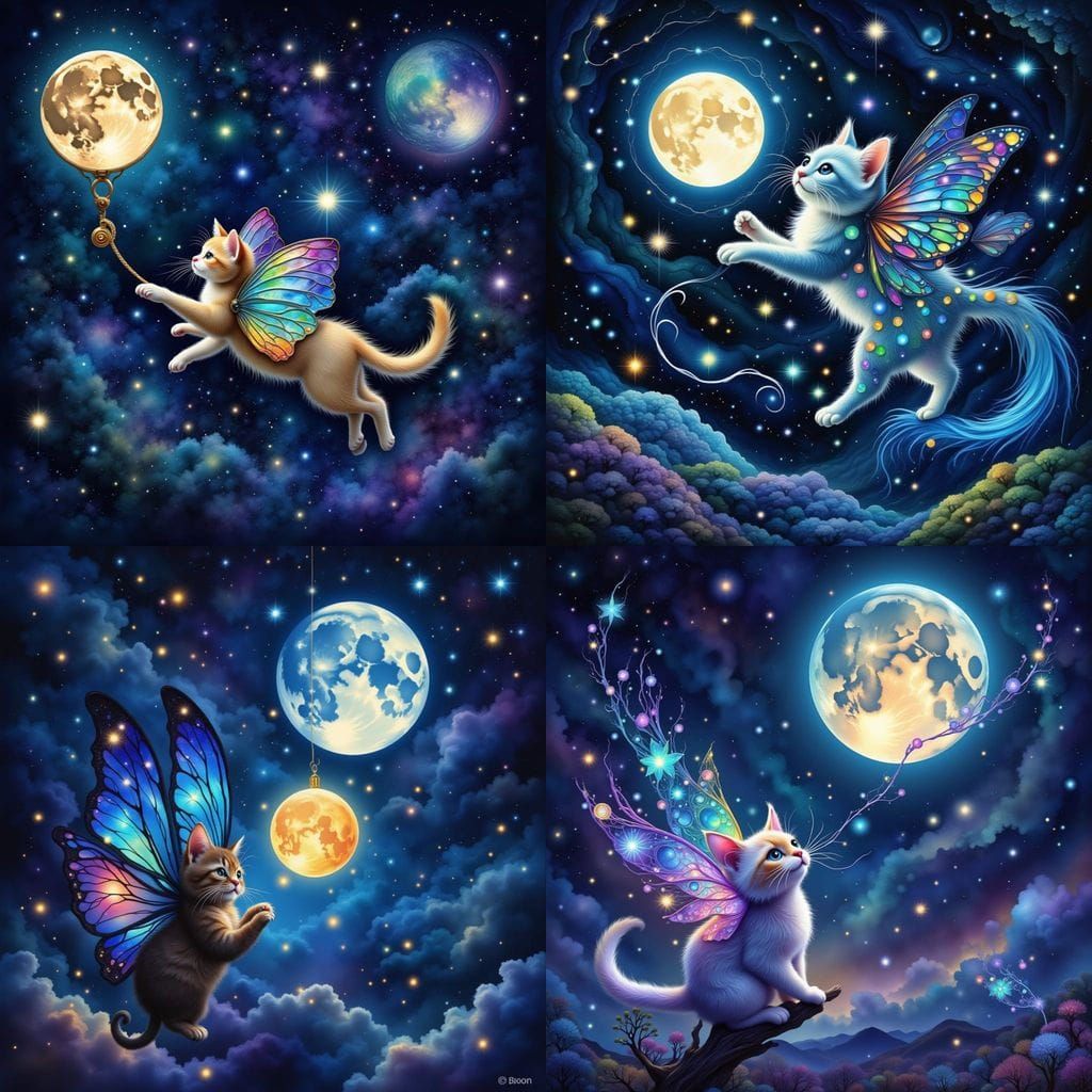 Cat with Butterfly Wings Pulls Moon Across Sky