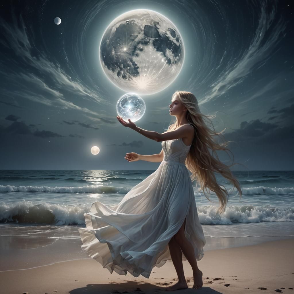 Woman with Energy Ball on Moonlit Beach