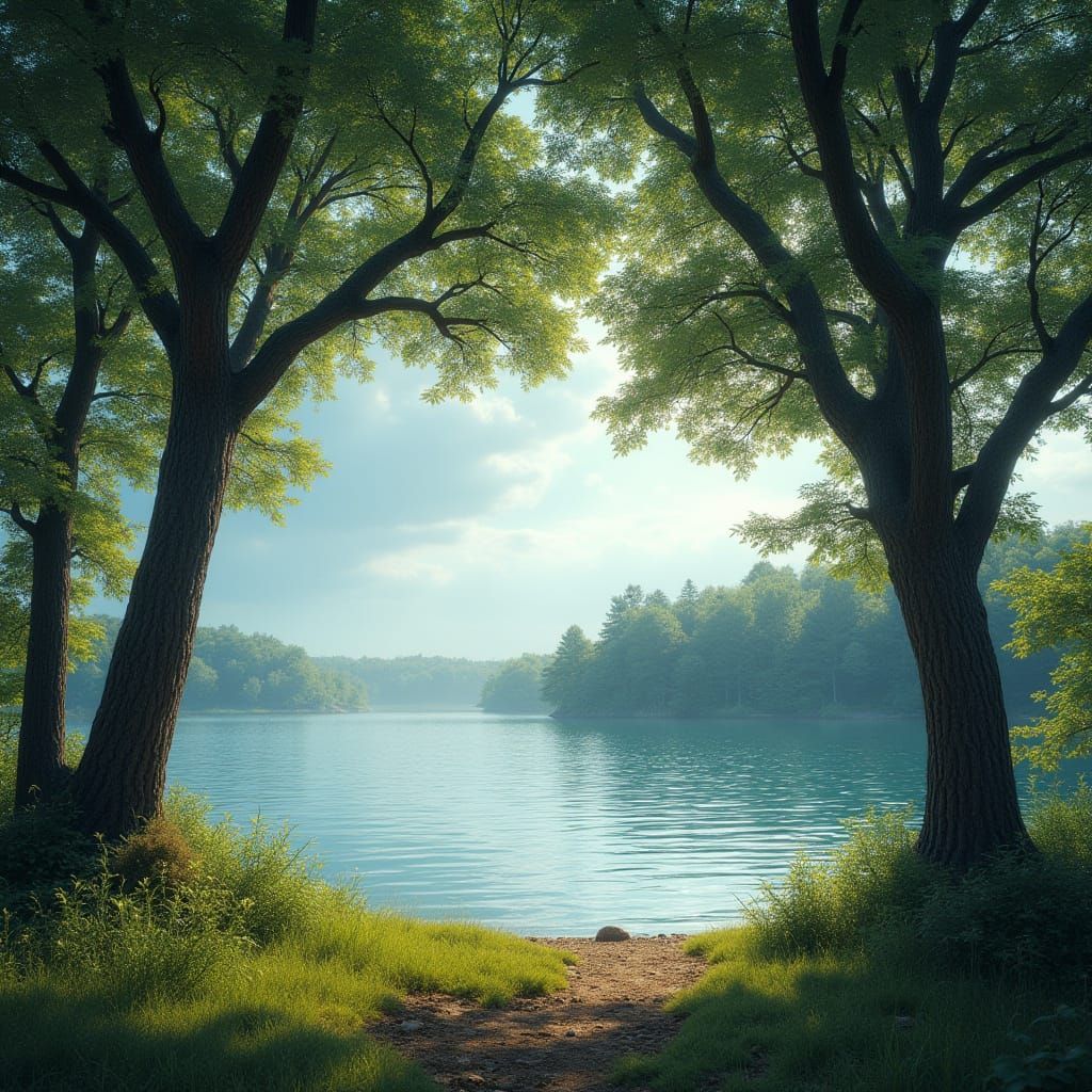 Serene Lakeside Scene with Majestic Trees