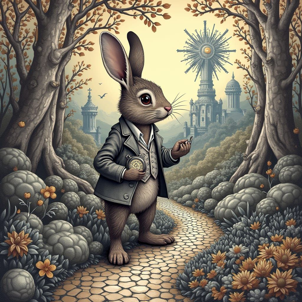 Whimsical Timekeeper in Wonderland's Dreamscapes