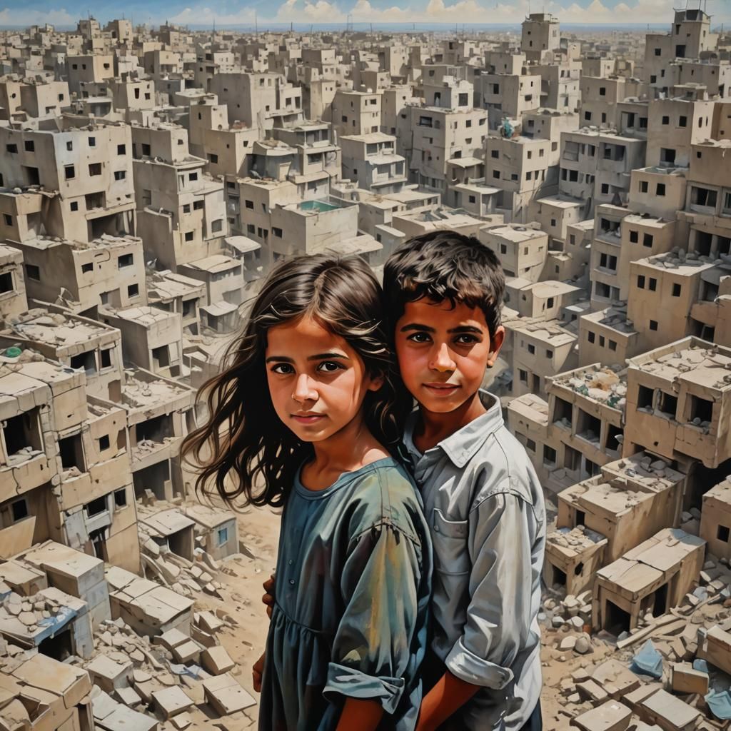 Serene Painting of Siblings in Gaza City
