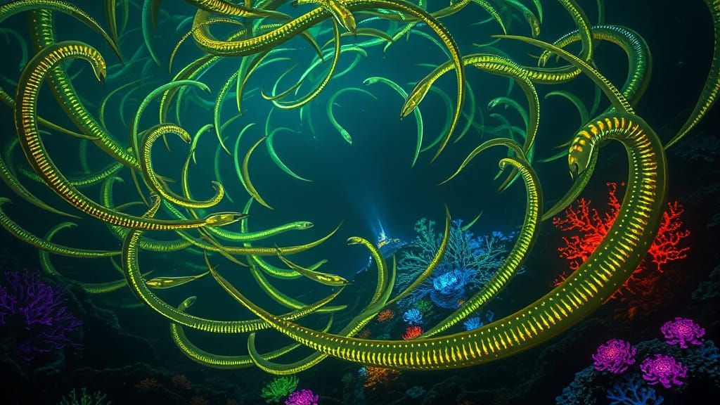 Glowing Eel Spirals Converge in the Ocean's Depths