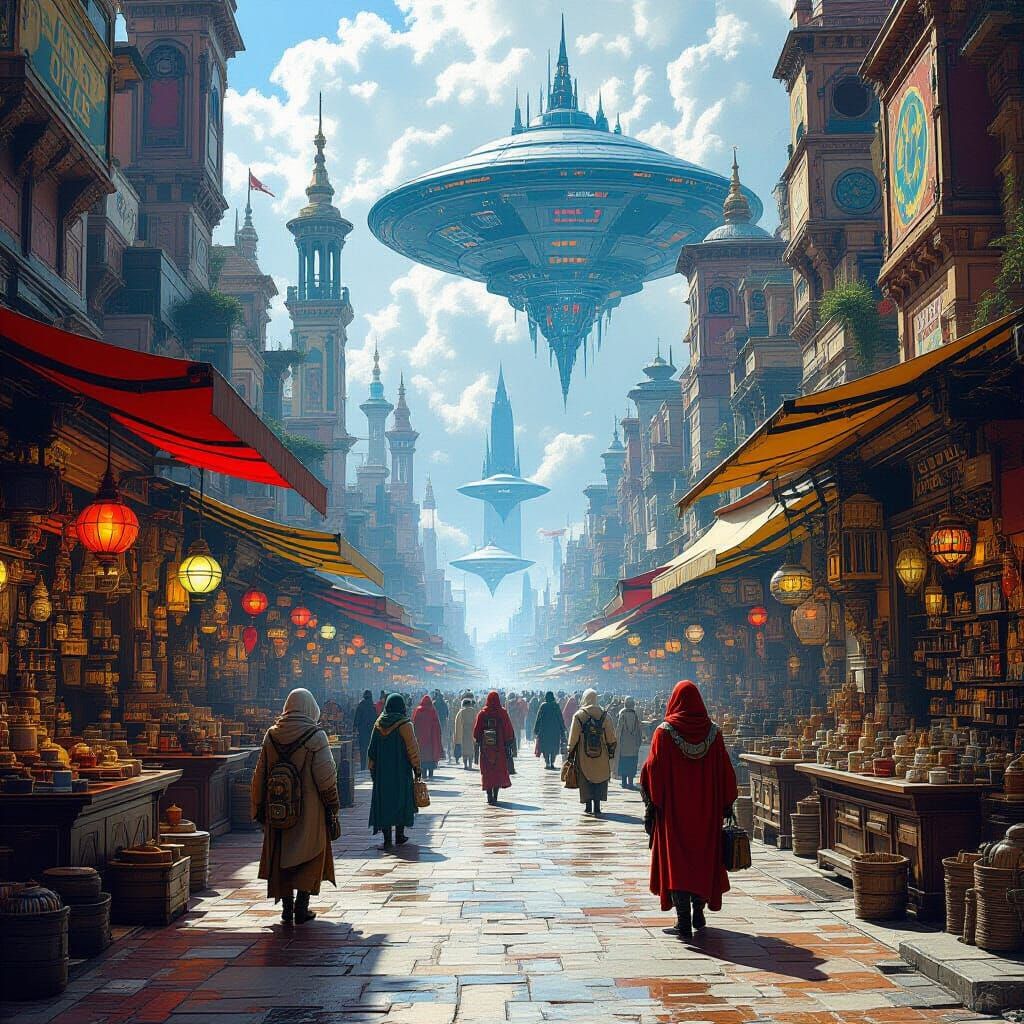 Imagine a bustling marketplace on an alien planet, filled with exotic creatures, strange technologies, and vibrant color...