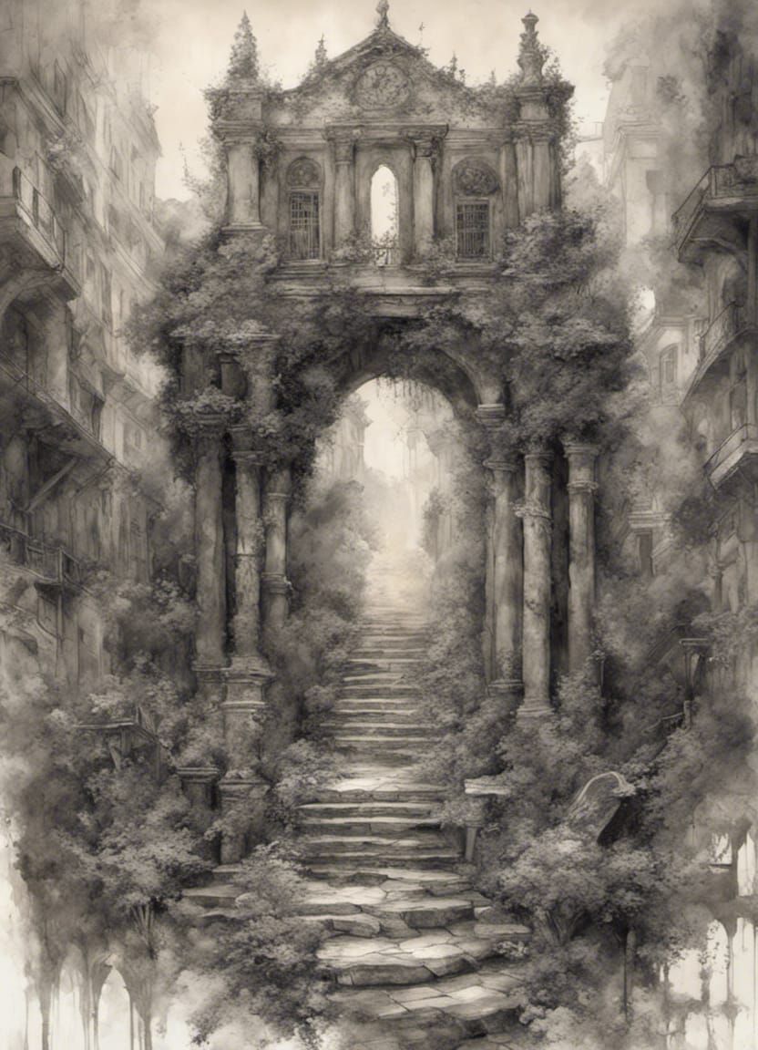 Detailed Pencil Drawing of Overgrown Ruins