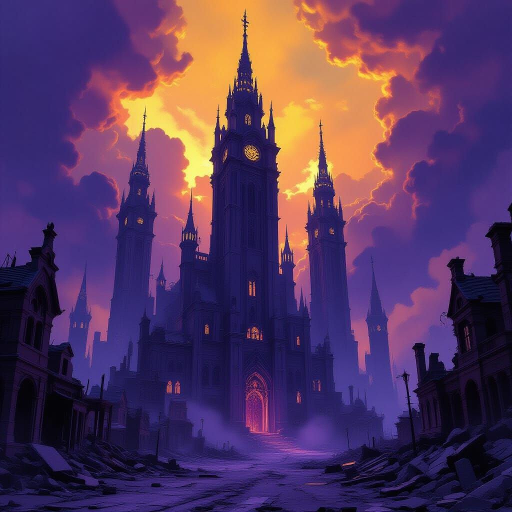 Dark Fantasy Towers Above Ghost Town Ruins